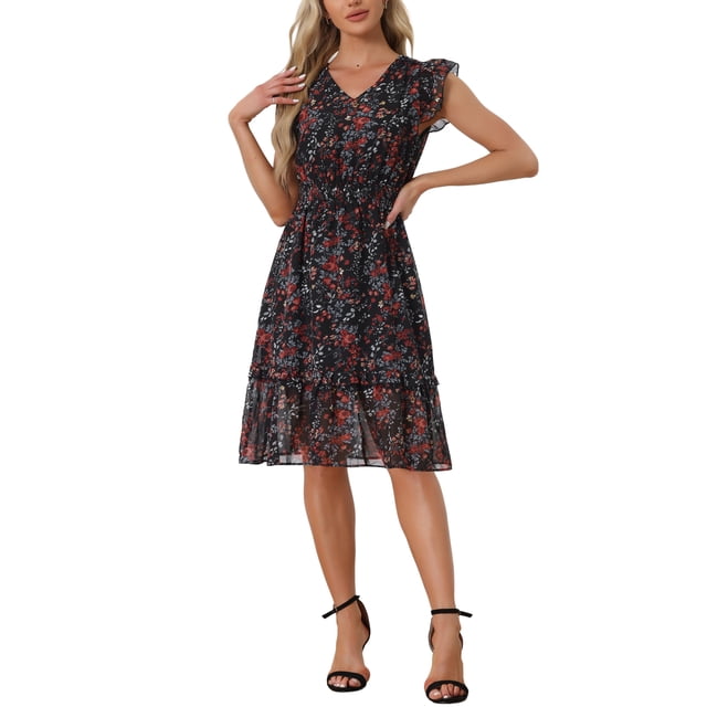 INSPIRE CHIC Vestido de Mujer Floral con Mangas de Volante en V, Ropa Casual con Volantes, Negro Rojo L