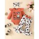 thumbnail image 5 of Cute Cow Print Outfit - Long Sleeve Flutter Sleeve Infant Romper + Bowknot Flared Trousers + Headband Baby Girls 3pcs Set, 5 of 5