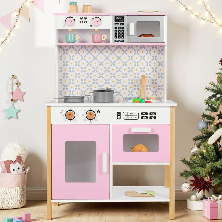 Wisairt Pretend Play Kitchen Set, Wooden Kitchen for Kids w/ Stove