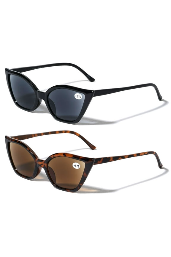 2 Pairs Women Pointed Tip Cat Eye Outdoor Reading SunGlasses - Tinted UV Protection Readers Glasses +2.25