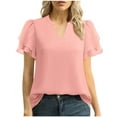thumbnail image 2 of Lenpel Summer Tops for Women Chiffon Ruffle Puff Short Sleeve V Neck Tunic T Shirts Dressy Casual Blouses, 2 of 7
