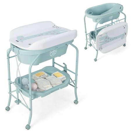 Babyjoy Changing Table with Bathtub Folding Portable Diaper Station Steel 0-12 Months PP Blue