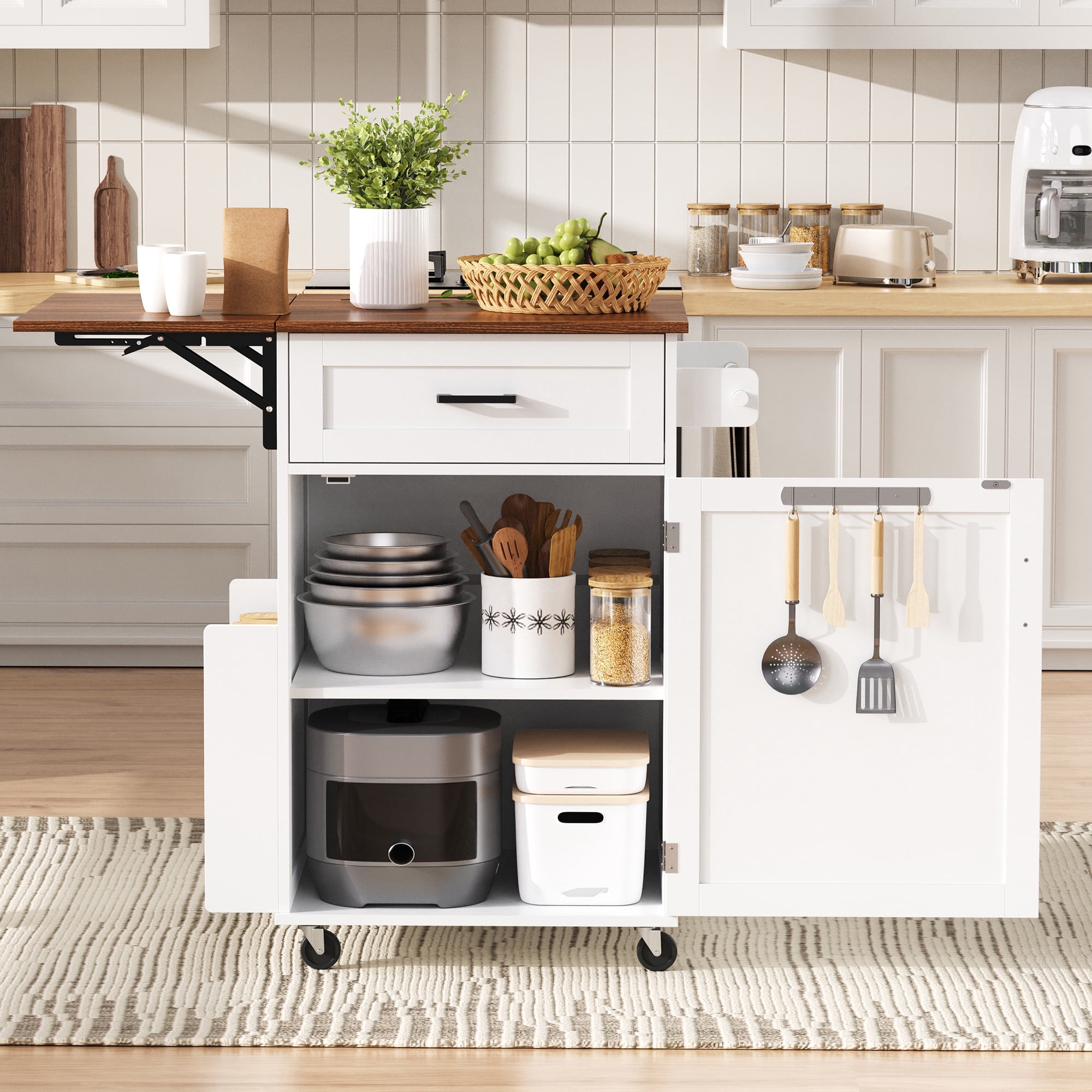 Mintazer 39.3" Farmhouse Kitchen Island with Foldable Drop Leaf, Kitchen Storage Island Cart with Open Side Rack & Drawer, Rolling Kitchen Cart with Wheels, White