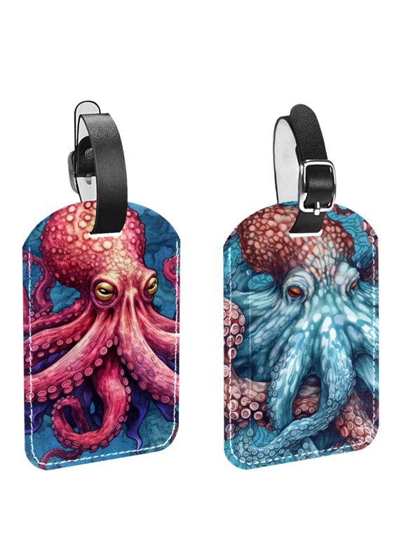 Square 2Pack PU Leather Octopus Cruise Luggage Tag with Privacy Cover and Name ID Tag for Travel Handbags Backpacks Luggage Tags