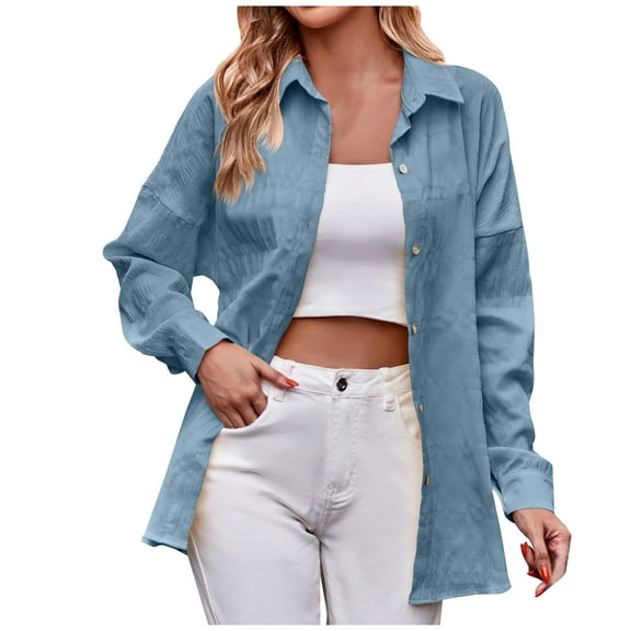 Scyoekwg Cardigans for Women Trendy Loose Button Lapel Shirts Tops Fall Coats Long Sleeve Casual Lightweight Solid Color Cardigan(Blue,L)
