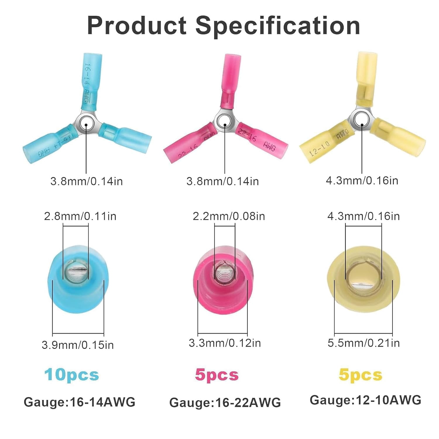 20 pieces of 3-way connectors 22-10 heat shrink type ring terminals, heavy-duty waterproof automotive ship electrical crimp connectors (12-10, 16-14, 22-16)