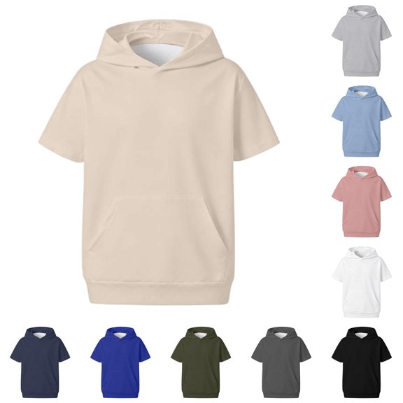 Uvwlwu Kids Short Sleeve Hooded Sweatshirt Boys Girls Loose Lightweight Pullover Hoodie with Kangaroo Pocket Casual Athletic Tops for School Daily Outdoor Wear,7-8 Years