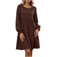 thumbnail image 3 of Otvok Women Round Neck Tiered Mini Dress, Long Ruffle Cuff Bubble Sleeve Dress, Textured Loose Casual Babydoll Dress, 3 of 7