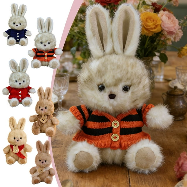 Sentmoon Cute Stuffed Animals Valentines Day Gift for Her Flocked Bow Standing Bunny Figurine Realistic Plush Rabbit Spring Decor Holiday Table Ornament Cute Flocked Easter Bunny with Bow