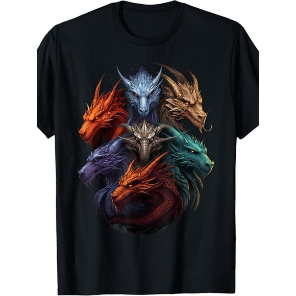 Mens Black Dragon Graphic T-Shirt - Vibrant Multi-Color Dragon Print, 100% Cotton Regular Fit Short Sleeve Casual Tee for Fan