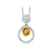 Gem Stone King 925 Sterling Silver Yellow Citrine and White Simulated Opal Pendant Necklace For Women (1.65 Cttw, Gemstone November Birthstone, Round 6MM and 4MM)