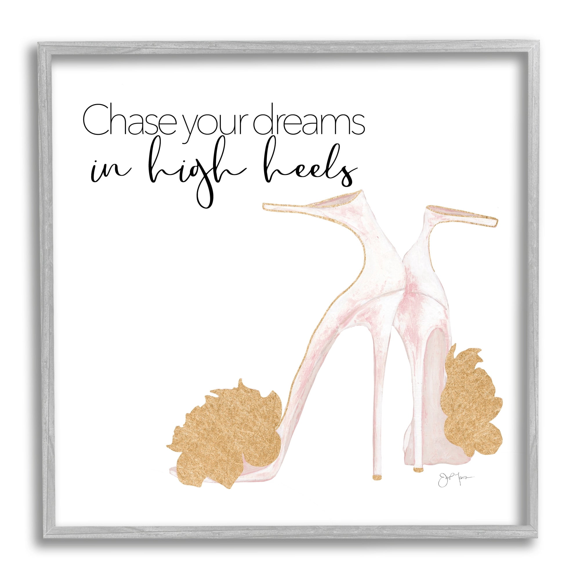 Stupell Industries Chase Your Dreams Inspirational Glam Fashion Heels Shoes Graphic Art Gray Framed Art Print Wall Art, Design by Tava Studios