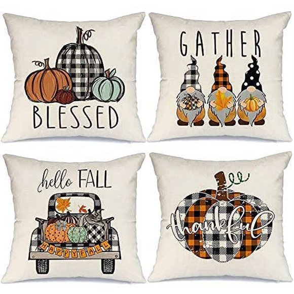 Ensemble de 4 Housses de Coussin d'Automne pour Déco d'Automne Style Ferme Action de Grâce Carreaux Buffalo Gnomes Citrouille Coussins d'Extérieur d'Automne Coussins Décoratifs Housses de Coussin d'Automne pour Canapé