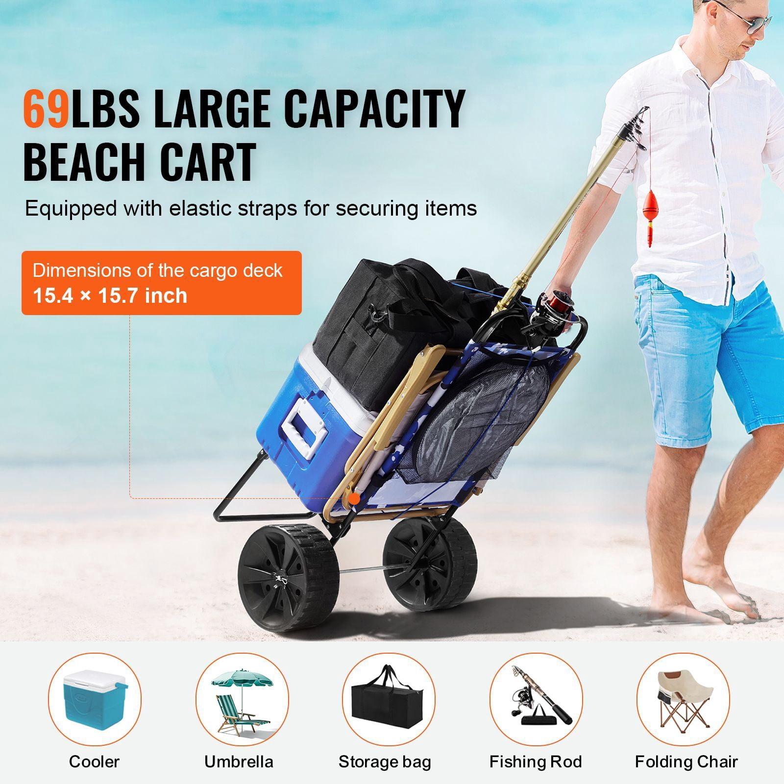 Beach Dolly with Big Wheels for Sand, 15.4" x 15.7" Cargo Deck, w/ 10" PE Solid Wheels, 69LBS Loading Capacity Folding Sand Cart, Heavy Duty Cart for Picnic, Camping, Fishing, Beach, Gardening