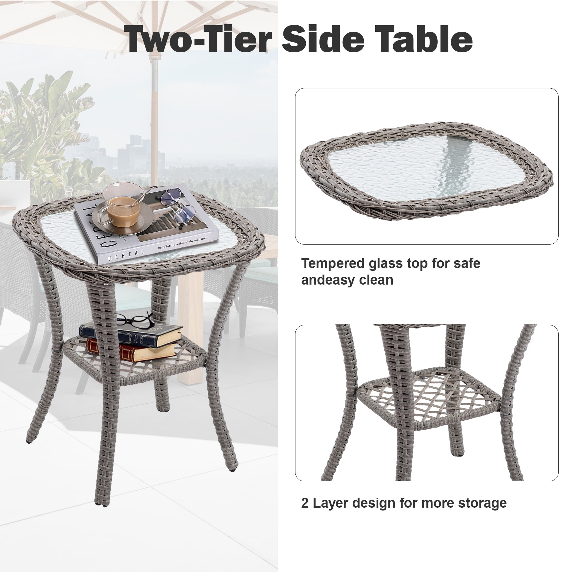 Patio Furniture Rocking Chairs Set, 3 Pieces Rattan Outdoor Furniture Cushioned, Patio Conversation Swivel Glider Rocker with Swivel Glider Rocker, Gray