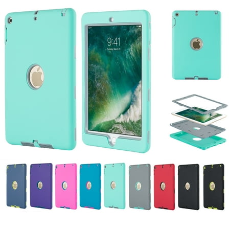 Ipod Rack - For iPad 9.7 2017 Shockproof Case 3 in 1 Hybrid Rubber Back Cover Shell, Mint + Gray