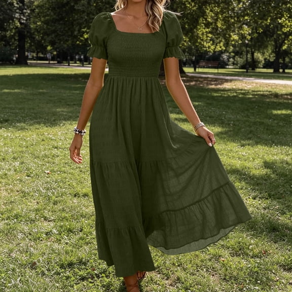 NTACZA Women'S Dresses Casual Tiered Hem Sundress Maxi Short Sleeve A-Line Scoop Neck Ruched Waist Beach Size L