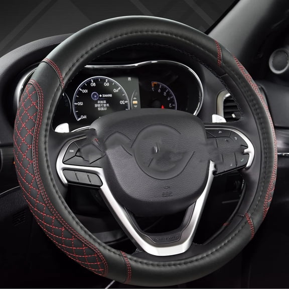 RIONIMA Customized Auto Car Steering Wheel Cover for Jeep Grand Compass,Gladiator 14.5-15 inches(Diamond Quilted-Black Red-Standard Size)