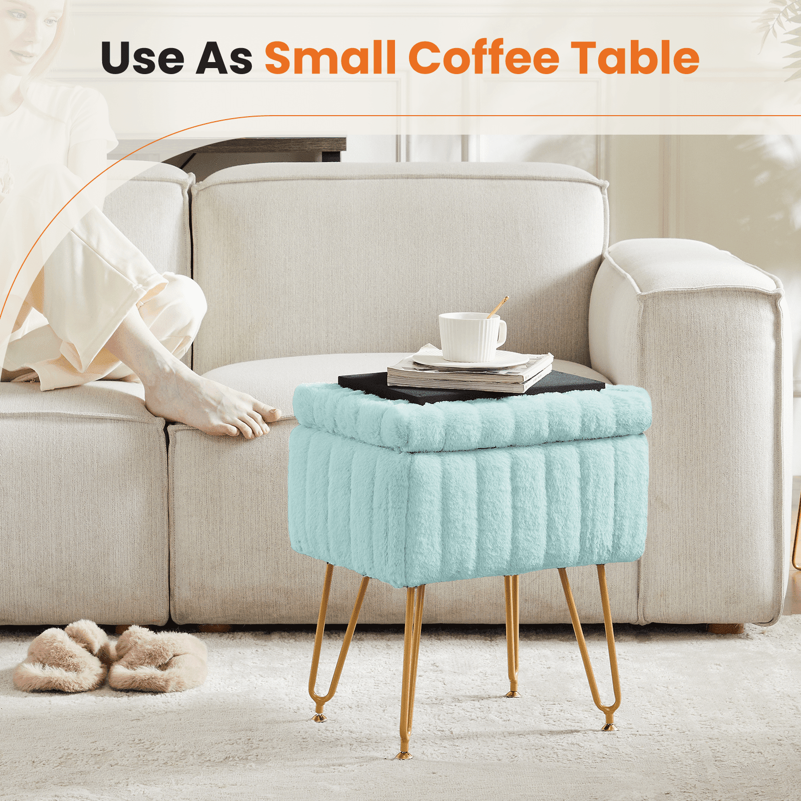 ZUNMOS Ottoman Vanity Stool Chair, with Storage, Modern Style Faux Fur Seat with 4 Metal Legs & Non-slip Feet for Living Room, Bedroom, Mint Green