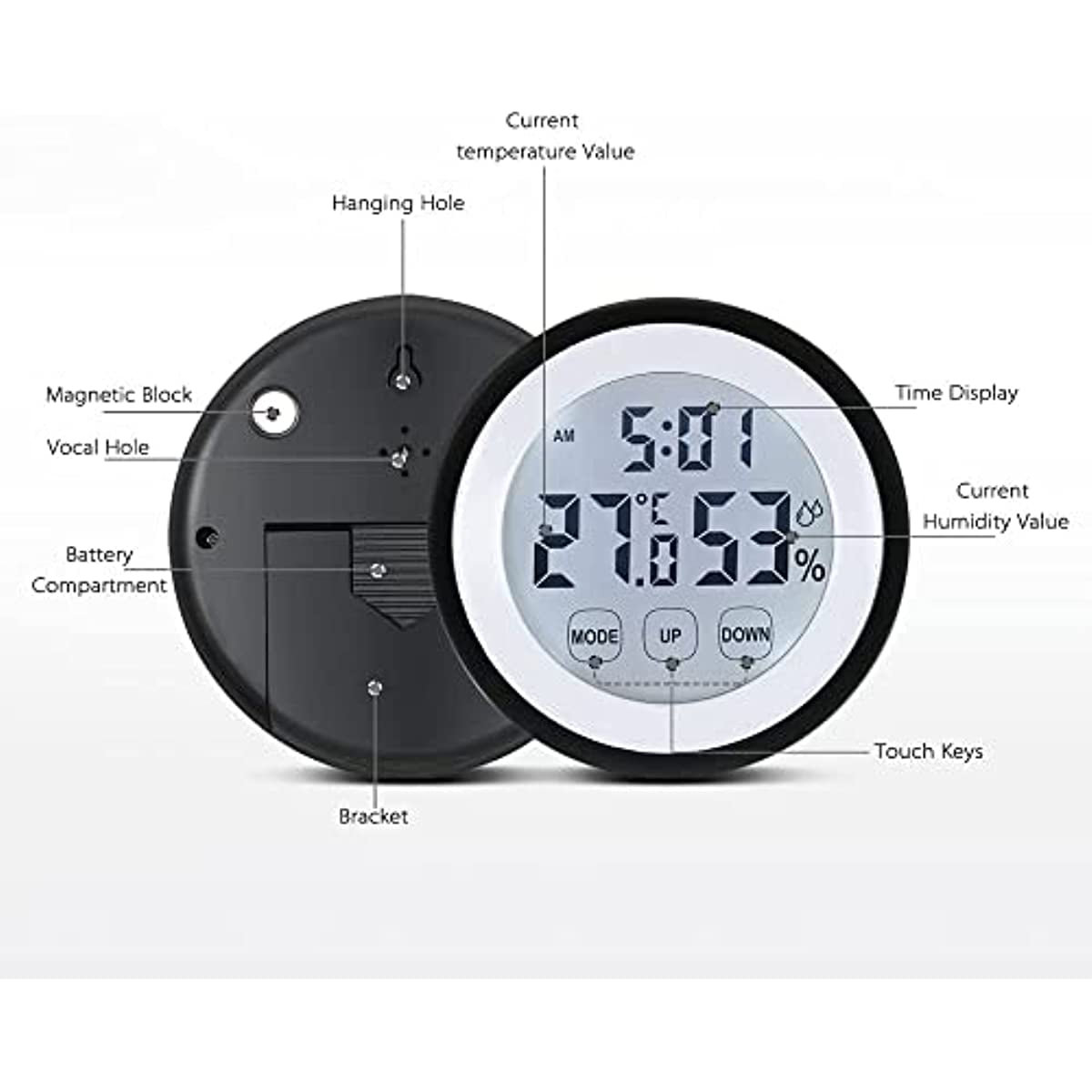 LINLIN Digital Hygrometer Thermometer Clock,Touch Screen Temperature Humidity Monitor Alarm Clock with Backlight Magnetic Battery Operated for Home Fridge Office Baby Room