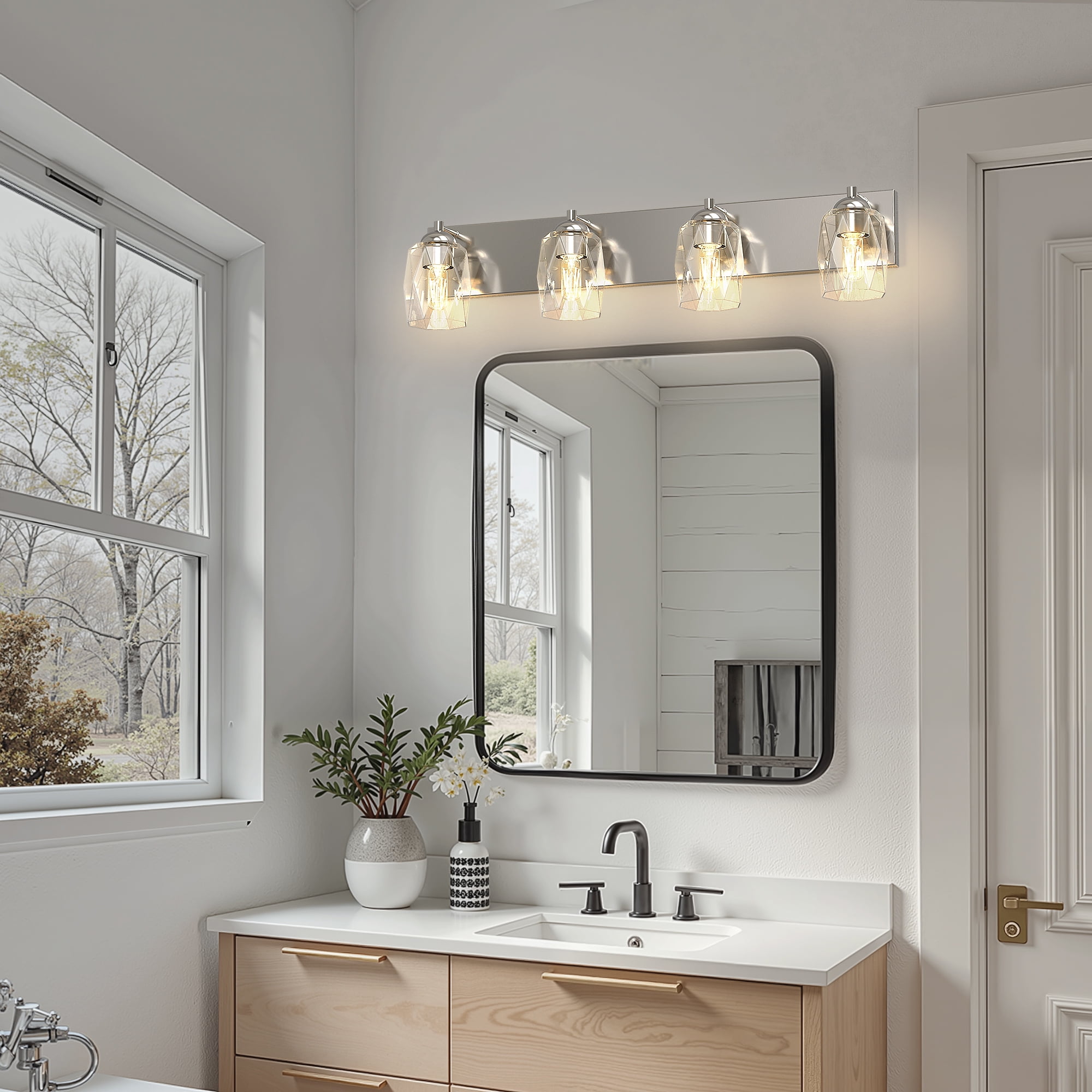YANSUN 27.2 in 4-Light Nickel Modern Vanity Light, Unique Cylinder Glass Shade Bathroom Mirror Wall Fixture, Vanity Lights for Hallway Living Room Bedroom