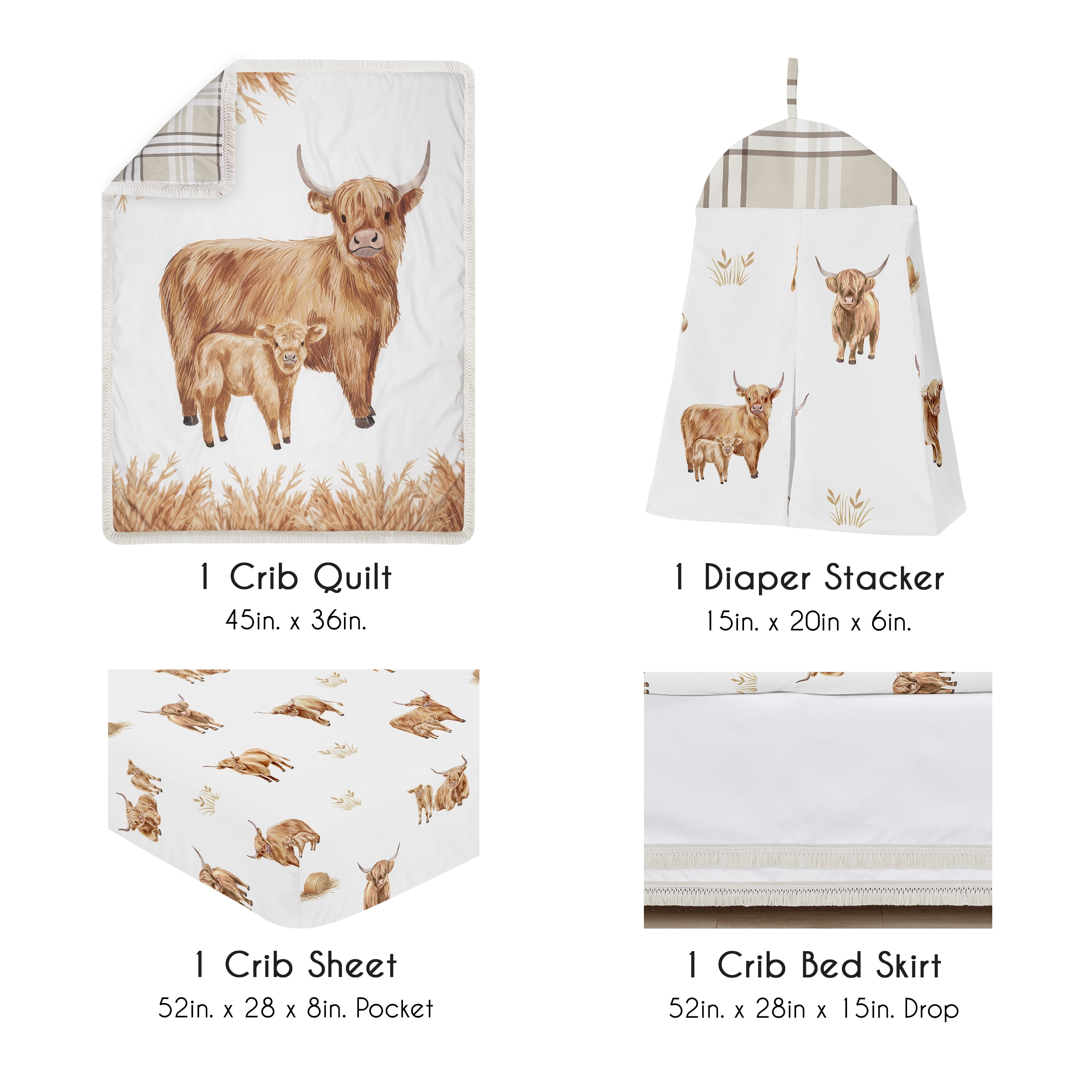 Sweet Jojo Designs Boho Highland Cow Boy, Girl, Unisex/Gender Neutral Crib Bedding Set 4 Piece