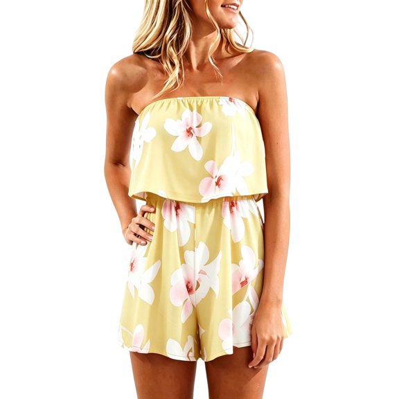 Jumpsuits for Women, Elegant Bandeau Rompers Sleeveless Floral Print Overalls High Waist Playsuits Shorts One Piece for Beach Coverups Holiday