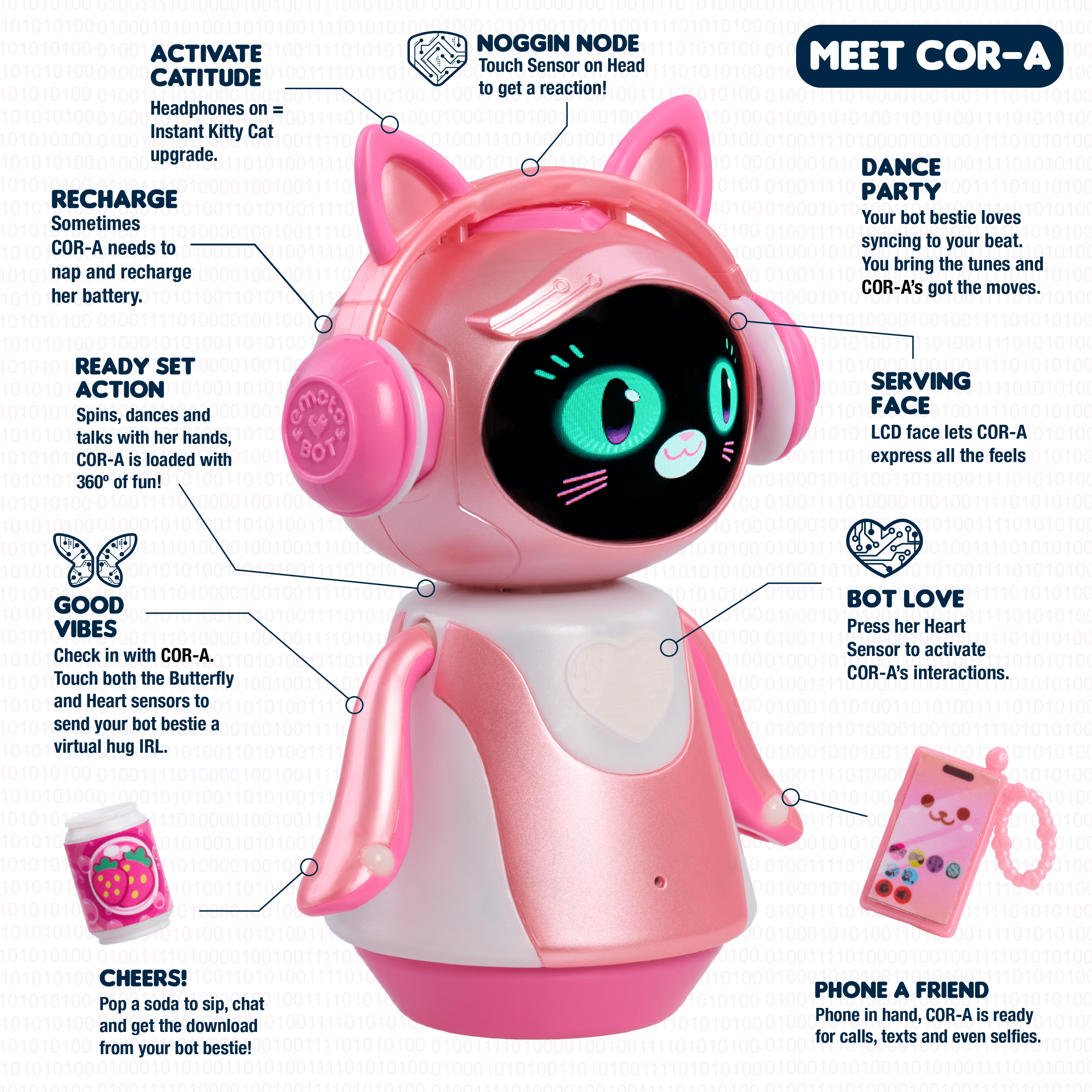 emotoBOT COR-A Interactive Robot Kids’ Toy, Pink, Touch-and Sound-Responsive Robot with Movement, LED Face, 100+ Ways to Play, No Wi-Fi, No AI, Rechargeable, Ages 6 up