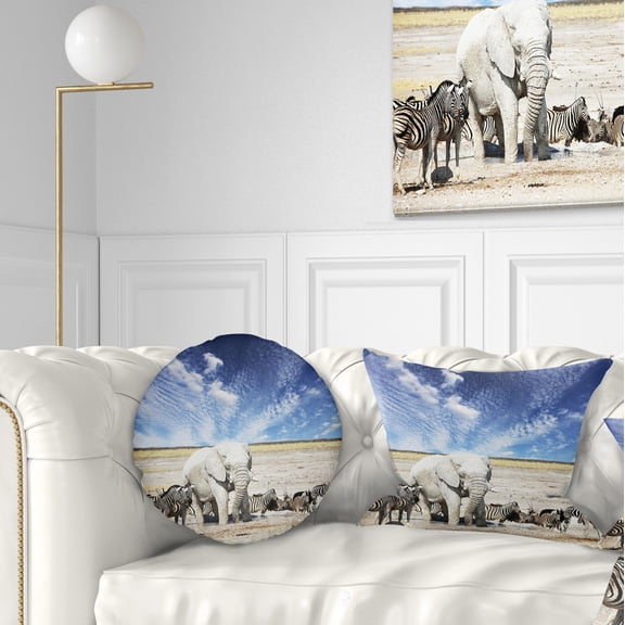 Designart Huge White Elephant and Zebras - Abstract Throw Pillow - 12x20