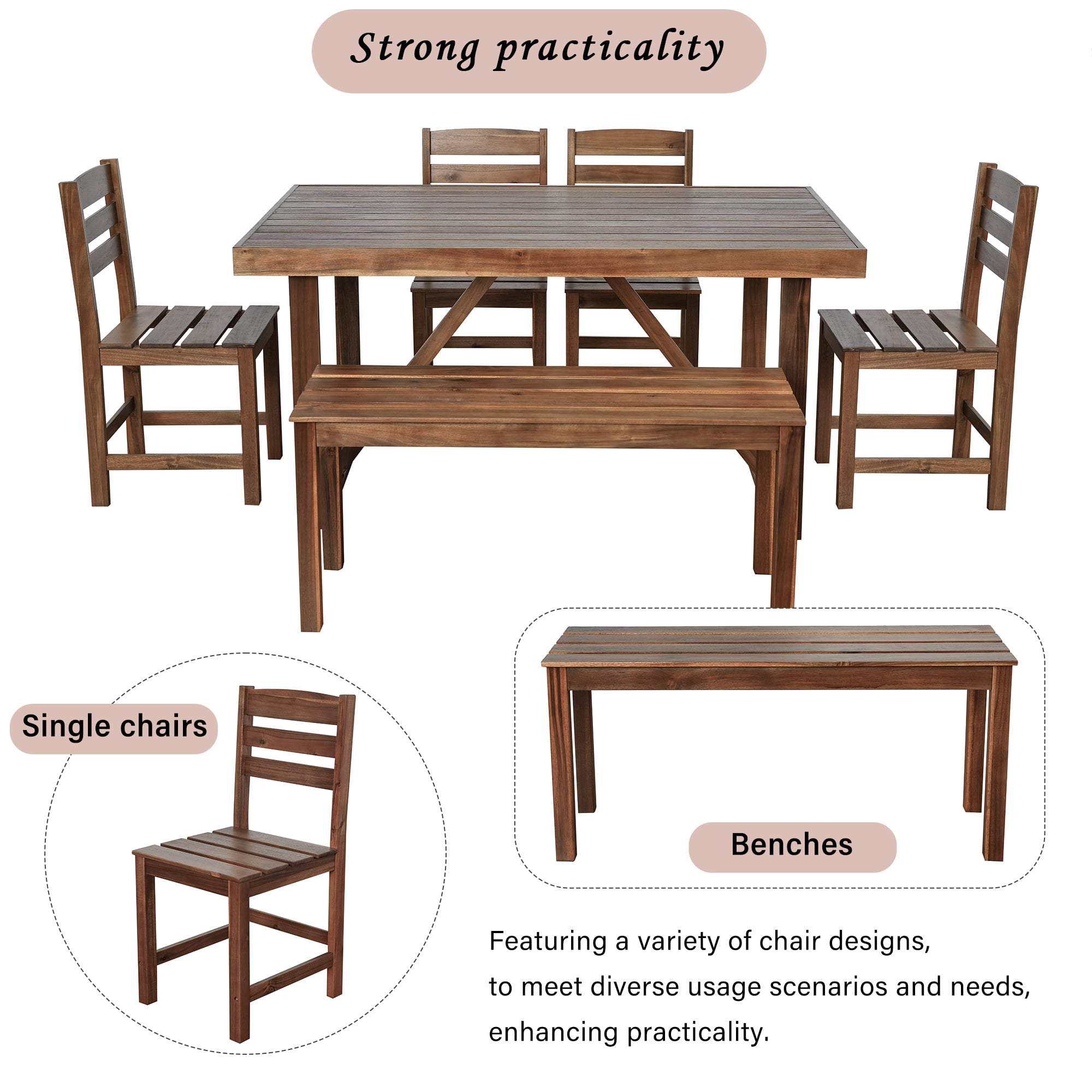 6-Piece Outdoor Acacia Wood Dining Set, Patio Table & Chair Set with Bench, Natural Wood Furniture for Garden, Backyard, Balcony, Poolside, Brown