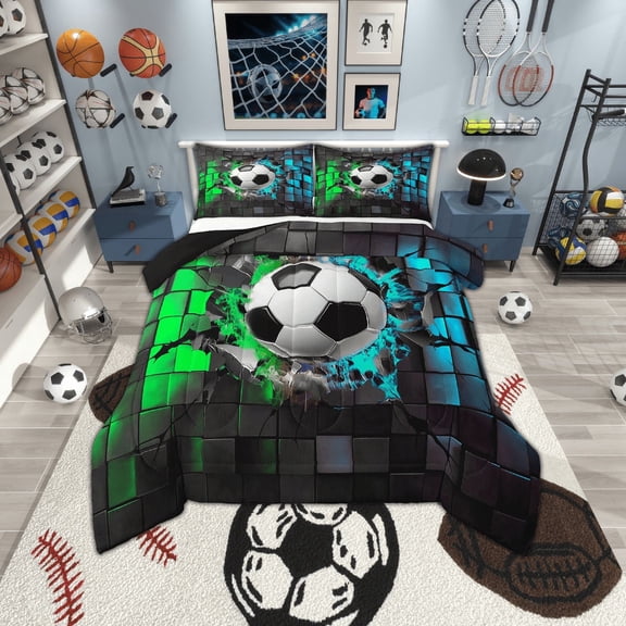 Erosebridal Sport Soccer Bedding Twin Comforter Set,Geometric Buffalo Down Comforter,Green Blue Bedding Sets Twin with Comforter,Lightweight Ball Gamer Room Decoration,Reversible,2-Piece