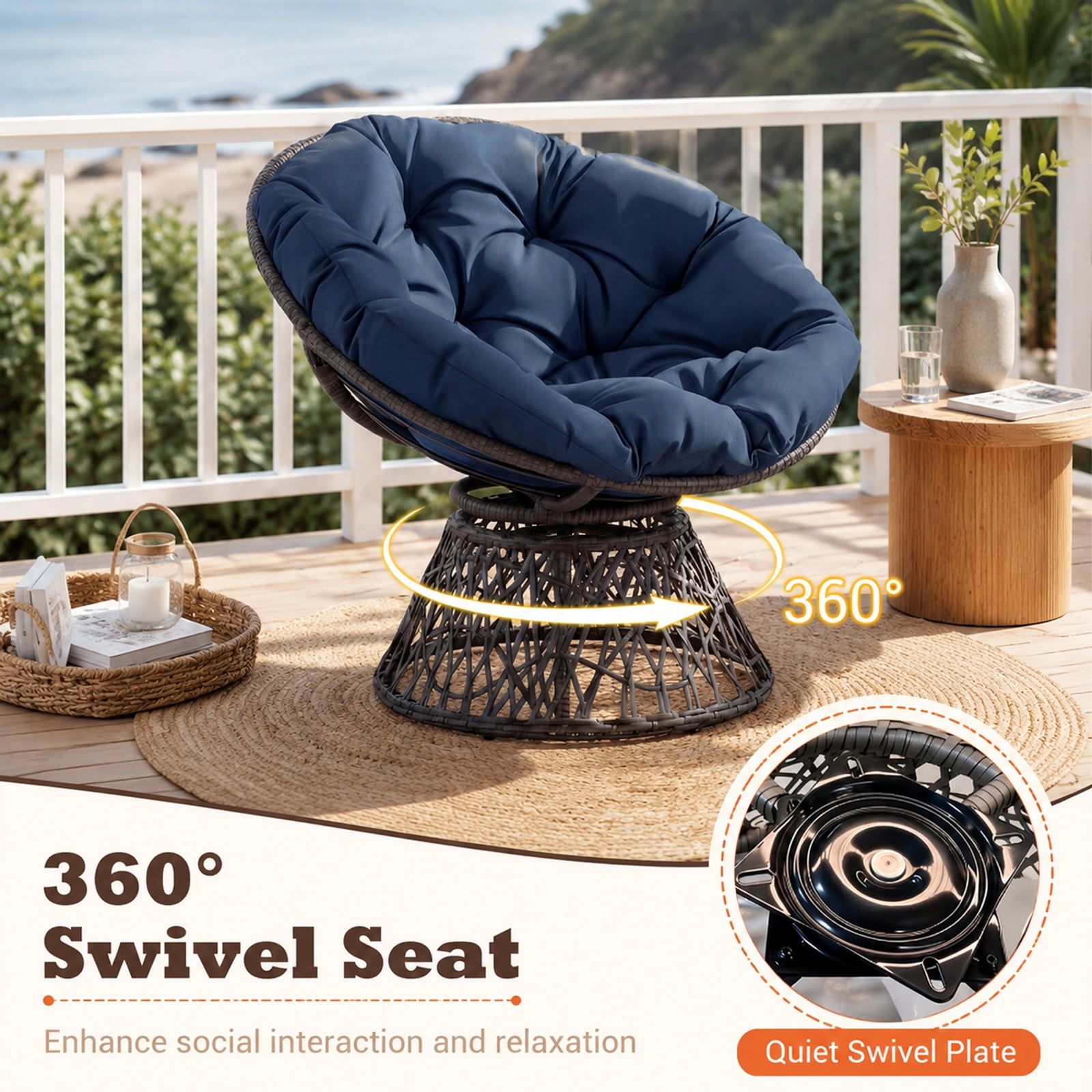 Furnibear Swivel Papasan Chair with Round Wicker Bowl Seat and Thick Soft Cotton Cushion for Living Room Bedroom and Patio, Navy