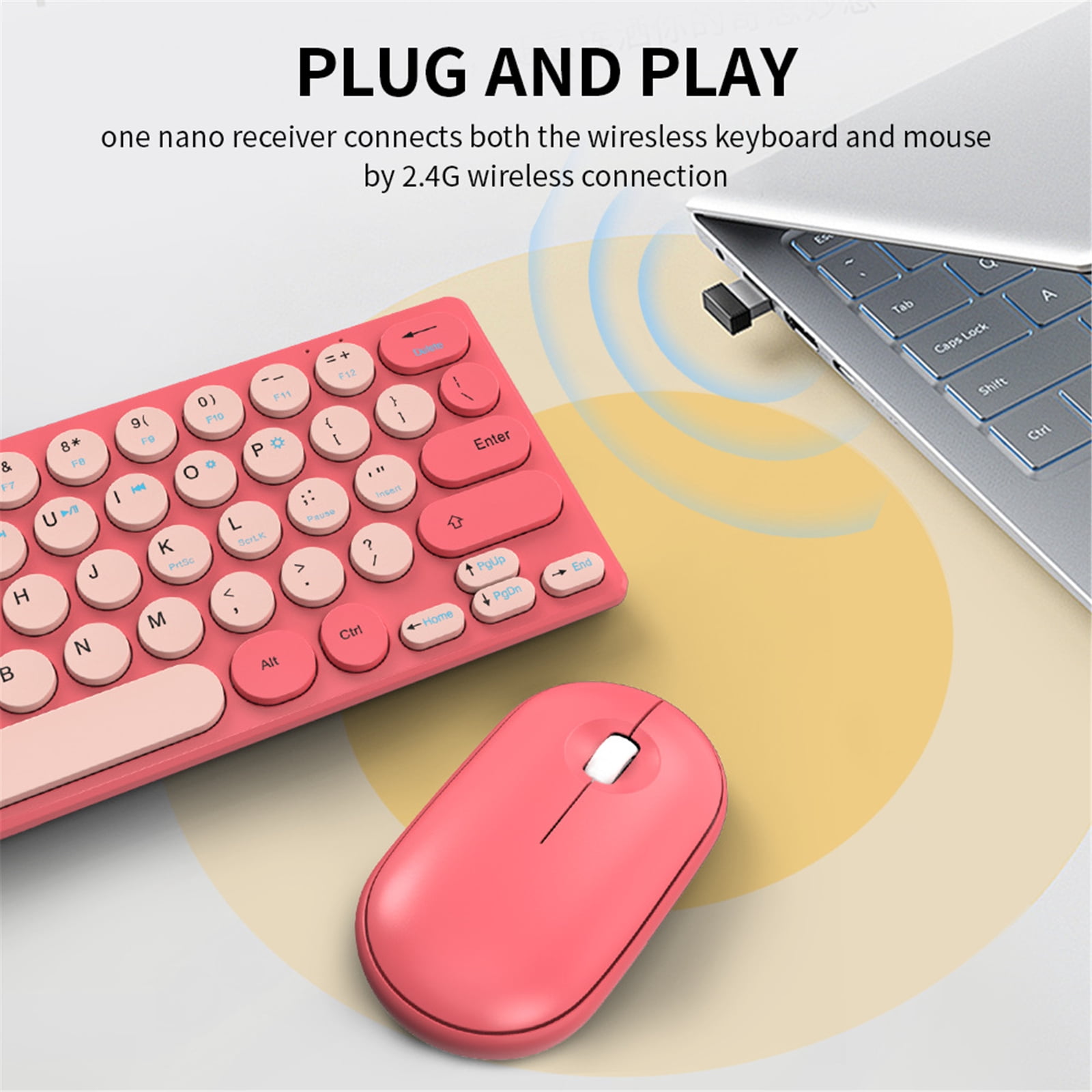 Retro Round Keycap Wireless Keyboards Bundles 2.40G Silents Button Long For Home Office Setups