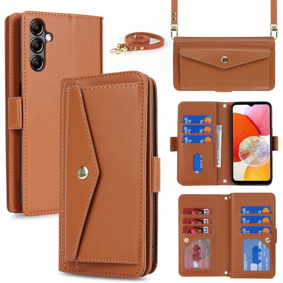 for Samsung Galaxy A14 5G Wallet Case with Crossbody Lanyard Strap,Galaxy A14 Flip PU Leather Phone Case Purse Cover for Women Men with 9 Card Holder Slots,Cash Coin Pocket 6.6 inch,Brown