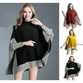 thumbnail image 6 of Styles I Love Women Autumn Winter Striped Poncho Knit Pullover Mock Neck Sweater Batwing Sleeve Oversized Jumper Top (Black), 6 of 7