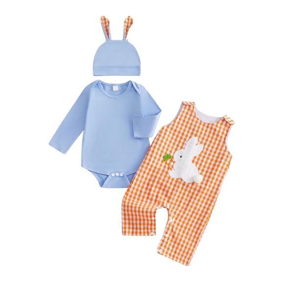 Nwiuh Infant Baby Boy Girl Easter Rabbit Jumpsuit Sleeveless Straps Romper Bib Pants One Piece Overalls Plaid Outfit (White, 6-9 Months)