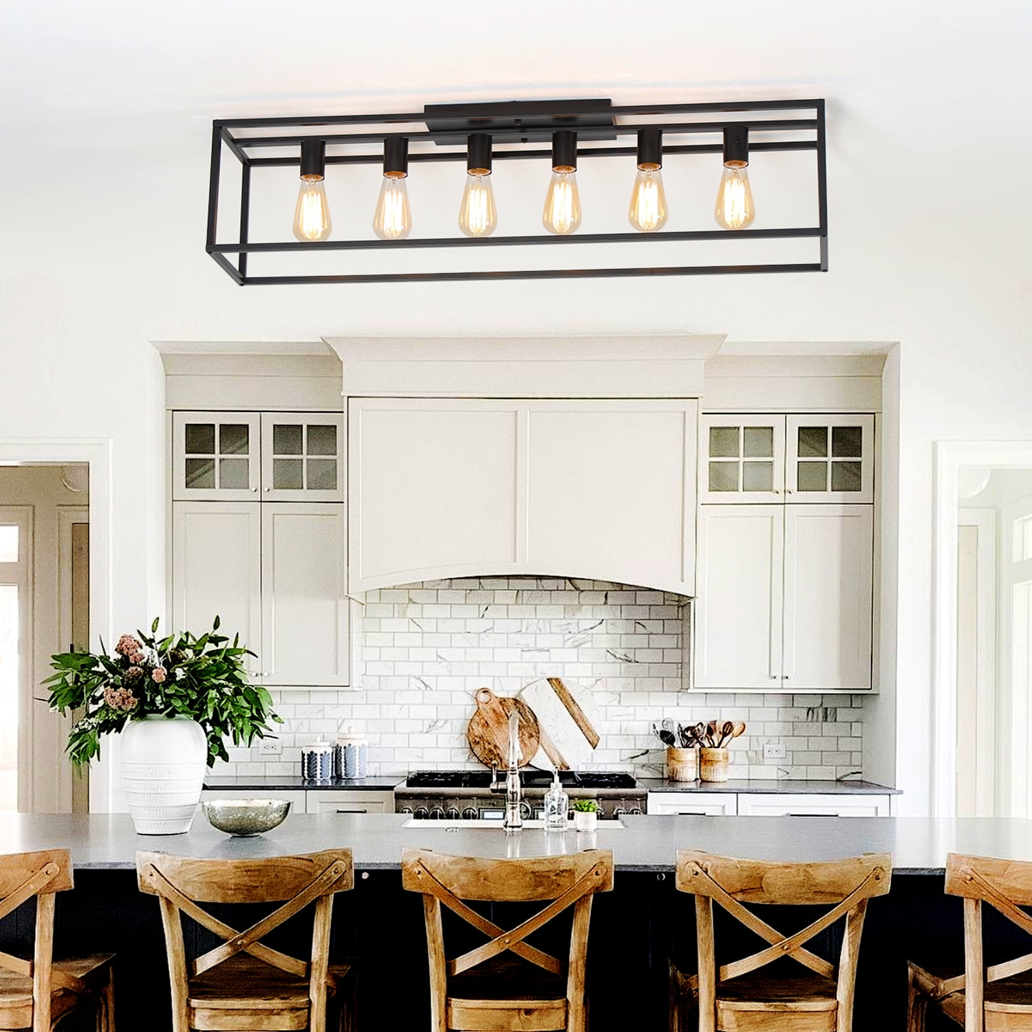 38" 6-Light Farmhouse Black Rectangle Cage Close to Ceiling Light for Living Dining Room