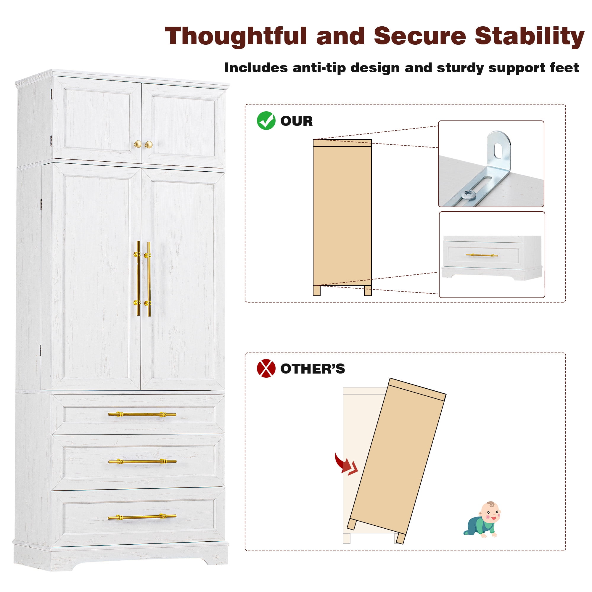 Mintazer 78" Tall Farmhouse Pantry Cabinet with Adjustable Shelves & Door Shelves, Freestanding Storage Cabinet with 3 Large Drawers & Gold Hardware for Kitchen Dining Room Living Room, White