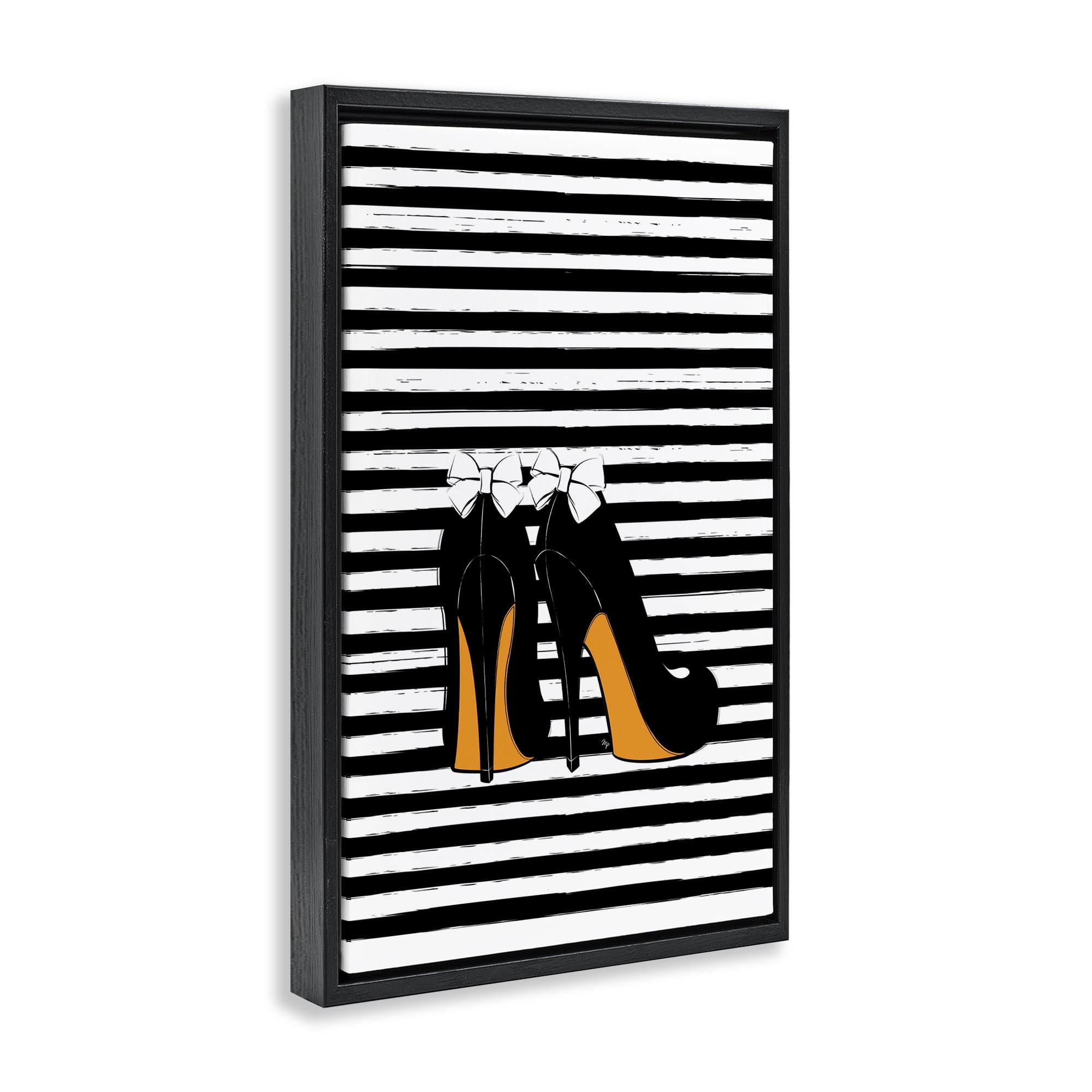 Stupell Industries Bow Heels on Stripes Beauty & Fashion Painting Black Floater Framed Art Print Wall Art, 21 x 31