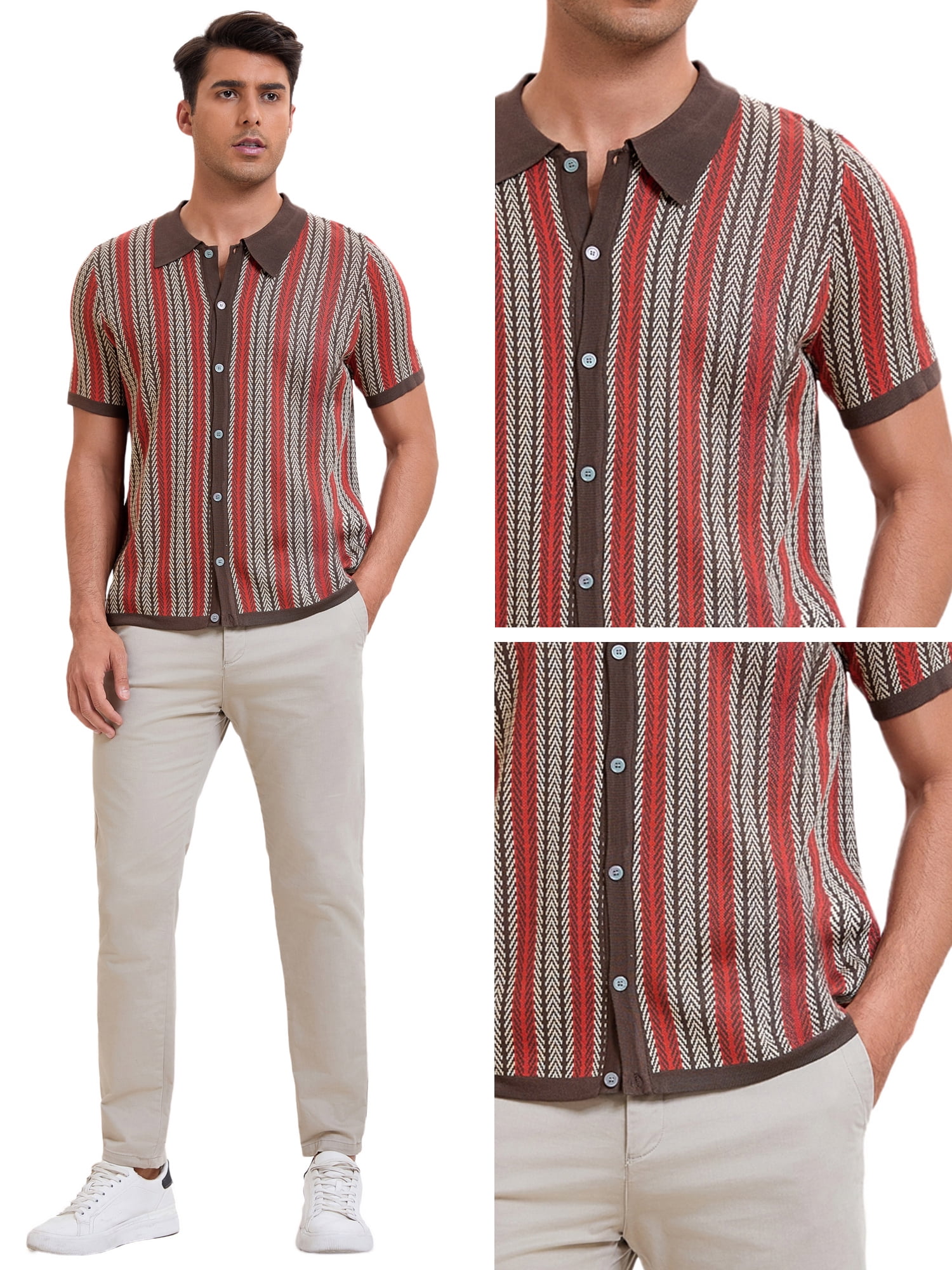 DARING DIVA Men's Striped Short Sleeves Button Down Jacquard Polo Shirts XL Dark Brown