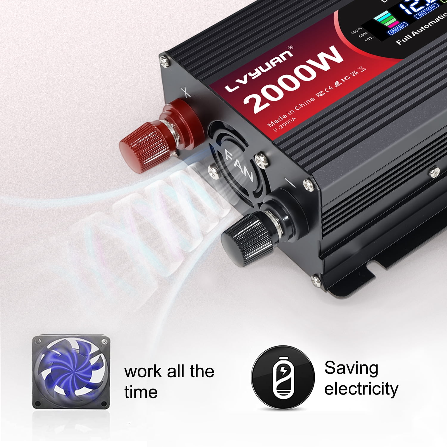 LVYUAN 1000W 2000W Modified Sine Wave Peak Power Inverter, 12V DC to 110V AC Car Inverter with Dual USB & AC Outlets, LCD Display, Black for RV, Truck, Camping, Travel (Inversor de Energía para Auto)