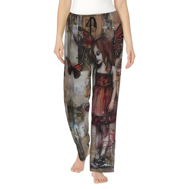 Fotbe Vintage Collage Girl Butterfly Pantalones de Pijama para Mujer, Pantalones de Dormir, Pantalones Pj con Cordón y Bolsillos-Small