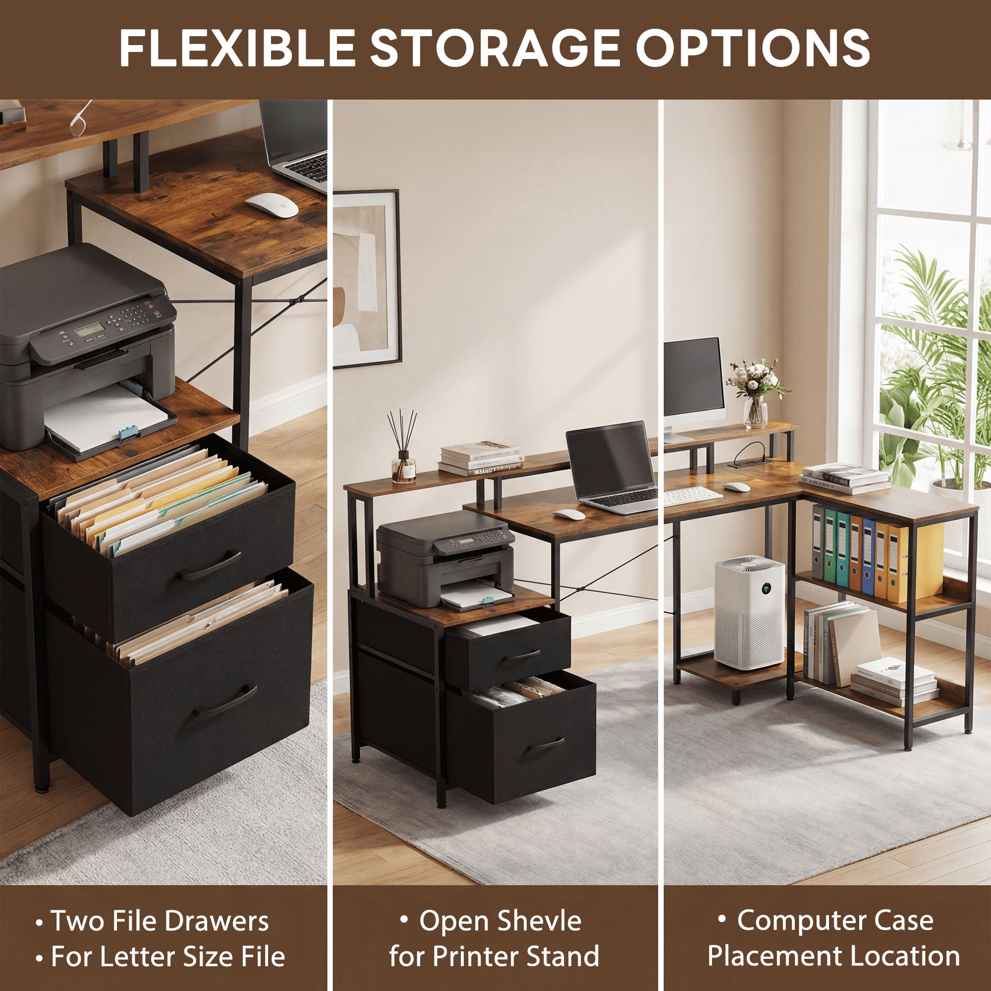 IULULU 75" Reversible L-Shaped Gaming Desk with Power Outlet and LED Strip, Computer Desk with Storage Shelves for Home Office, Rust