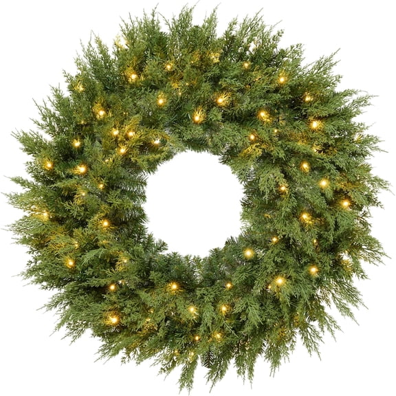 Pre-lit Artificial Cedar Christmas Wreath with Warm White LED Lights, Real Touch Green Cypress Wreath for Front Door, Indoor Outdoor Winter Holiday Home Decor(22in/55cm)