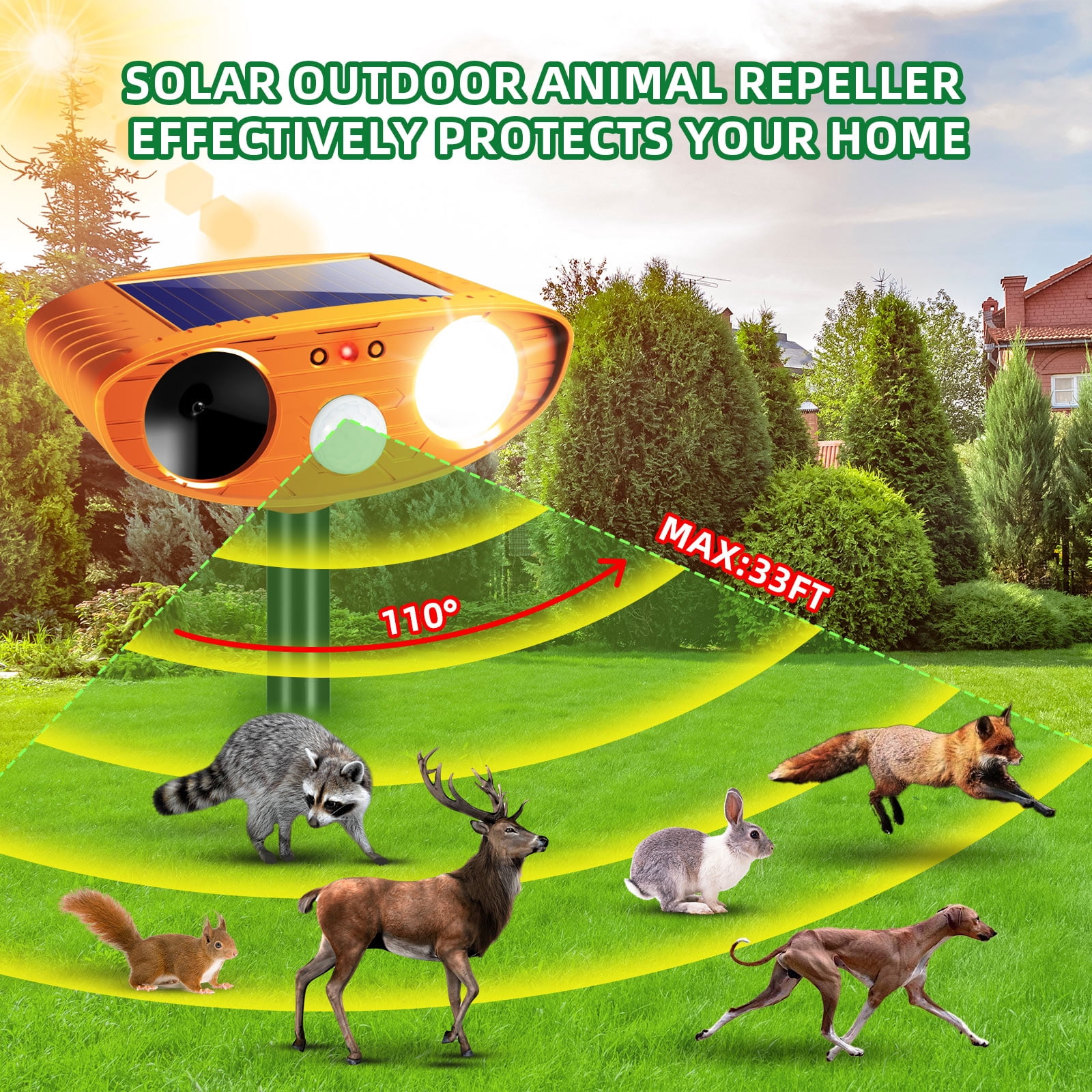 SolarAnimal Repellent with Motion Detection, Waterproof Ultrasonic Technology for Cats, Rabbits, Deer, Raccoons, and Skunks - Yard, Garden, Farm Protector