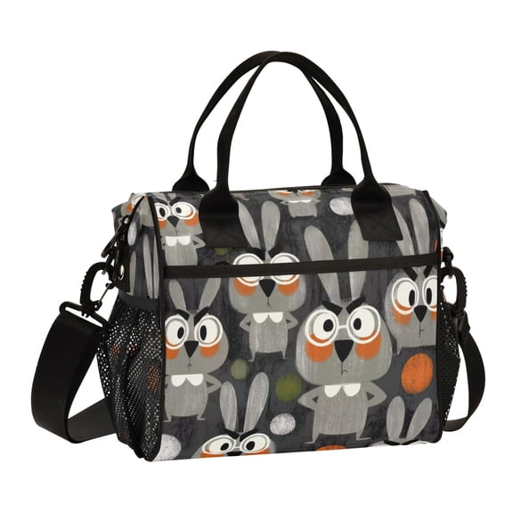 Large Insulated Lunch Bag for Women & Men Reusable Lunch Box with Adjustable Shouldle Strap Grey Rabbit Wearing Glasses 9L