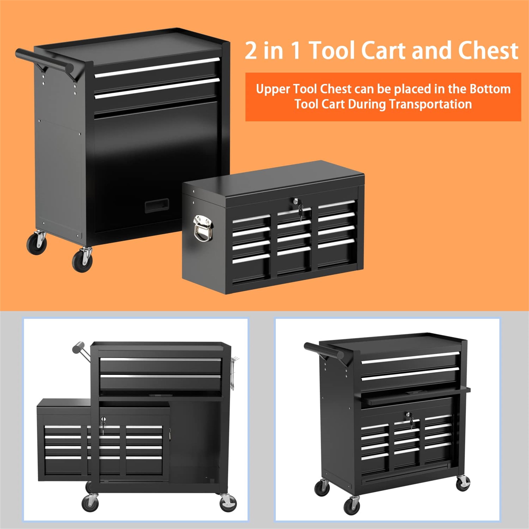 Aukfa Tool Box, 2 in 1 Steel Rolling Tool Chest & Cabinet On Wheels for Garage, 8-Drawer, Black