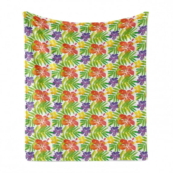 Exotic Soft Flannel Fleece Blanket, Pattern of Hibiscus Blossom Branches Hawaiian Summer Watercolor Jungle Luau Foliage, Cozy Plush for Indoor and Outdoor Use, 50" x 70", Multicolor, by Ambesonne