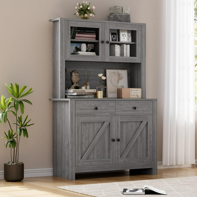 PIONEERWORKS Armoire de Garde-Manger de Cuisine 64 Pouces, avec Support pour Micro-Ondes, Armoire de Rangement avec Tablette Ajustable, Gris