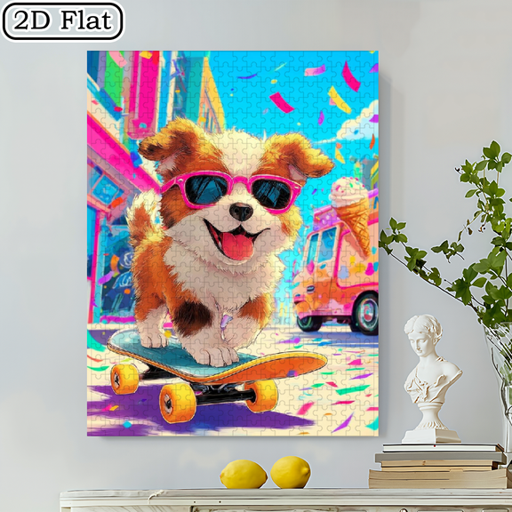 500pcs Puppy Skateboard Jigsaw Puzzle with Cute Skateboarding Puppies -20.5x15 Inch Cardboard Board, Challenging Stress-Relief for Families, Birthday/New Year Gifts Suitable for Family, Puzzle Lov